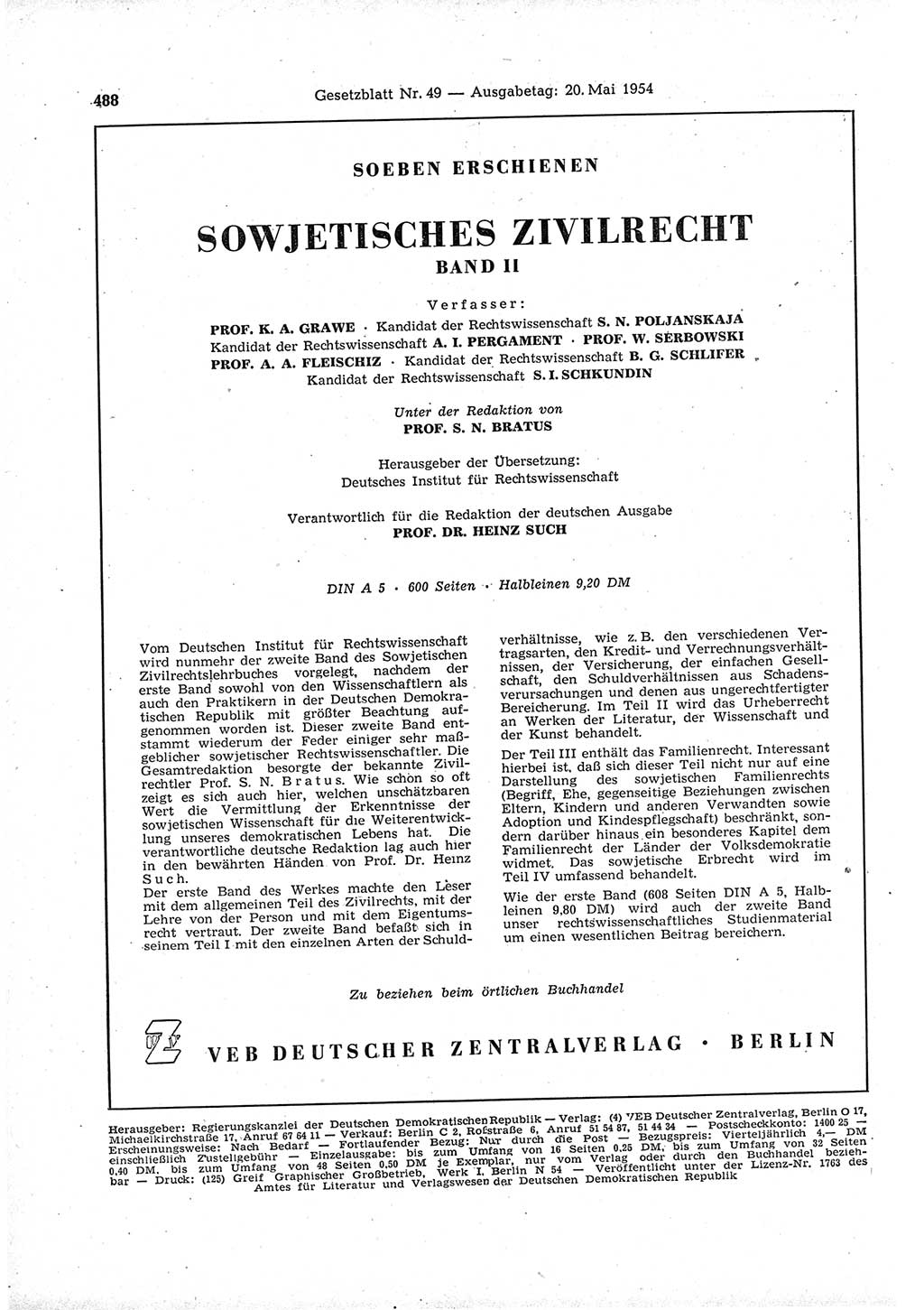 Gesetzblatt (GBl.) der Deutschen Demokratischen Republik (DDR) 1954, Seite 488 (GBl. DDR 1954, S. 488)