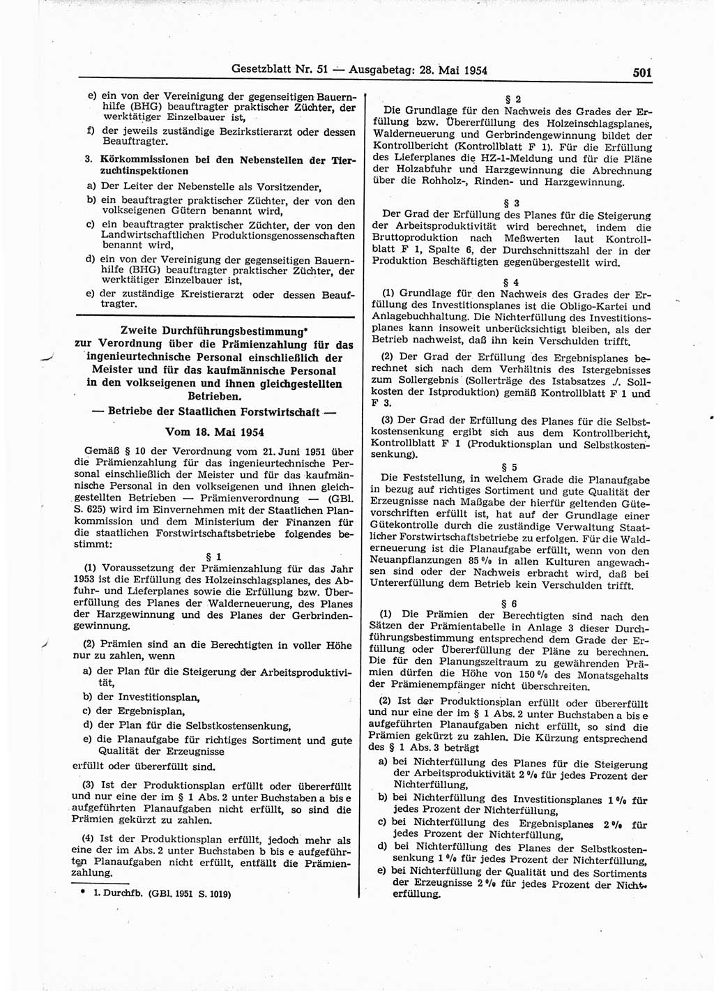 Gesetzblatt (GBl.) der Deutschen Demokratischen Republik (DDR) 1954, Seite 501 (GBl. DDR 1954, S. 501)