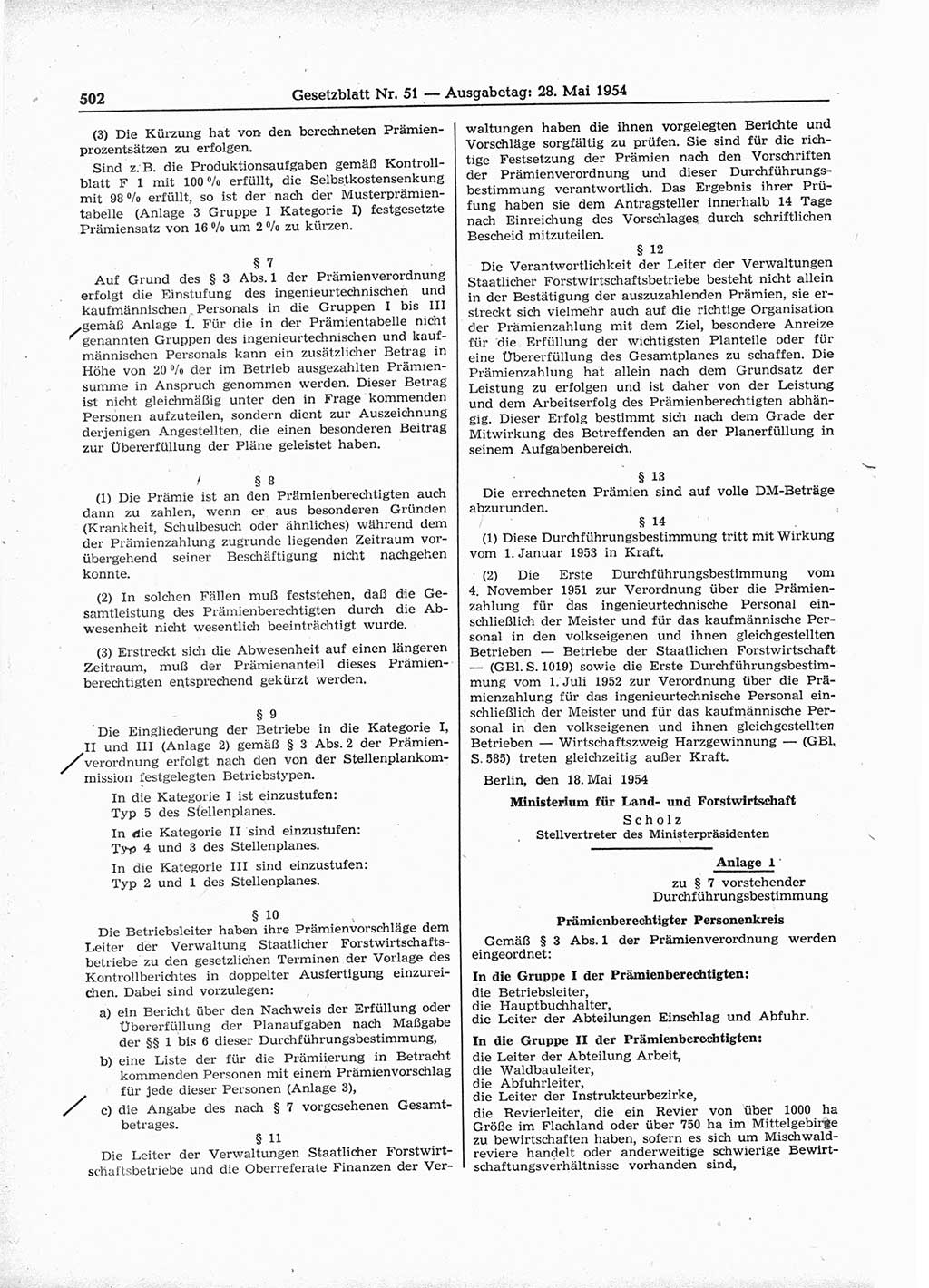 Gesetzblatt (GBl.) der Deutschen Demokratischen Republik (DDR) 1954, Seite 502 (GBl. DDR 1954, S. 502)