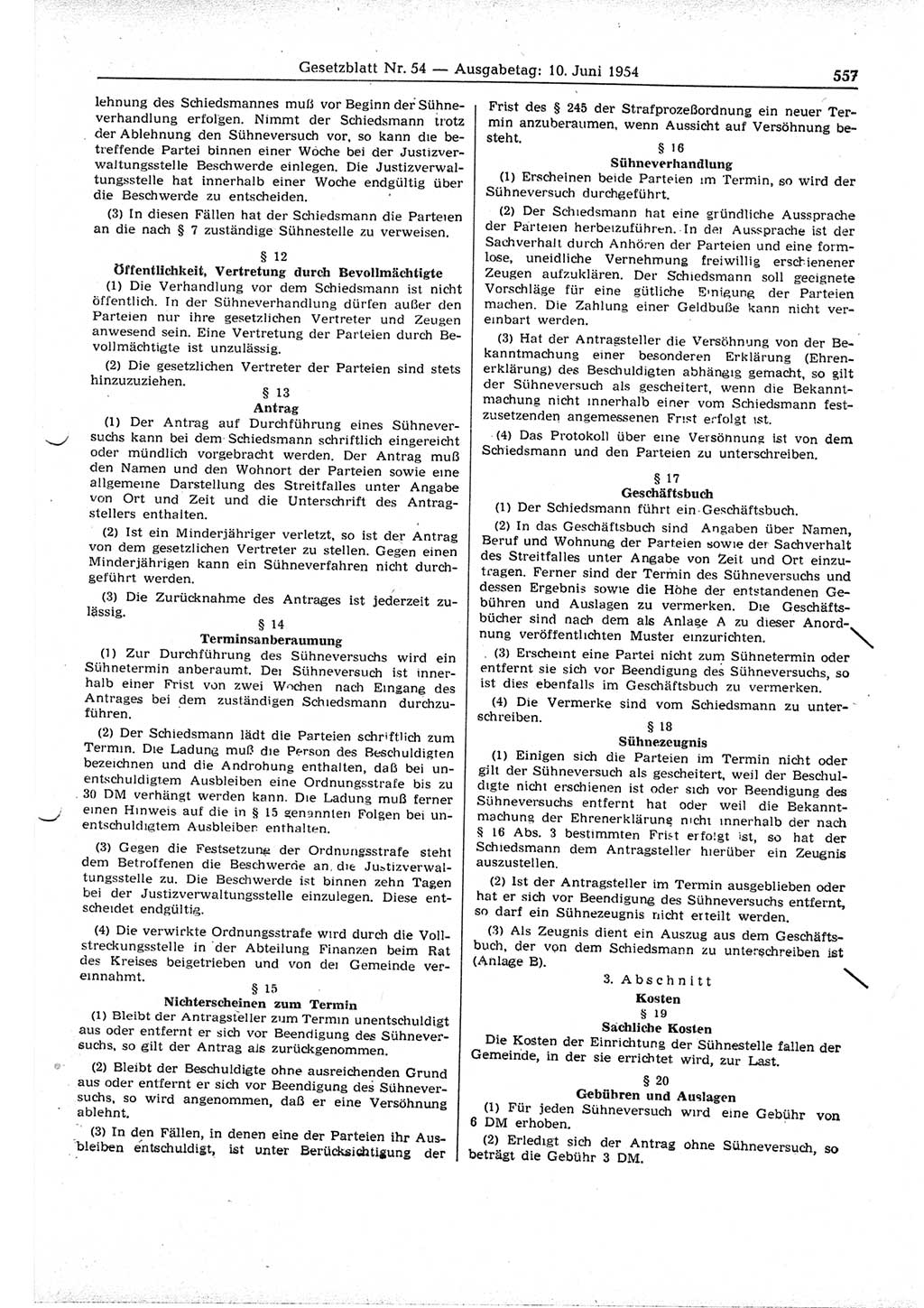 Gesetzblatt (GBl.) der Deutschen Demokratischen Republik (DDR) 1954, Seite 557 (GBl. DDR 1954, S. 557)