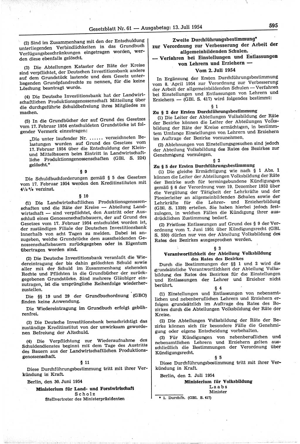 Gesetzblatt (GBl.) der Deutschen Demokratischen Republik (DDR) 1954, Seite 595 (GBl. DDR 1954, S. 595)
