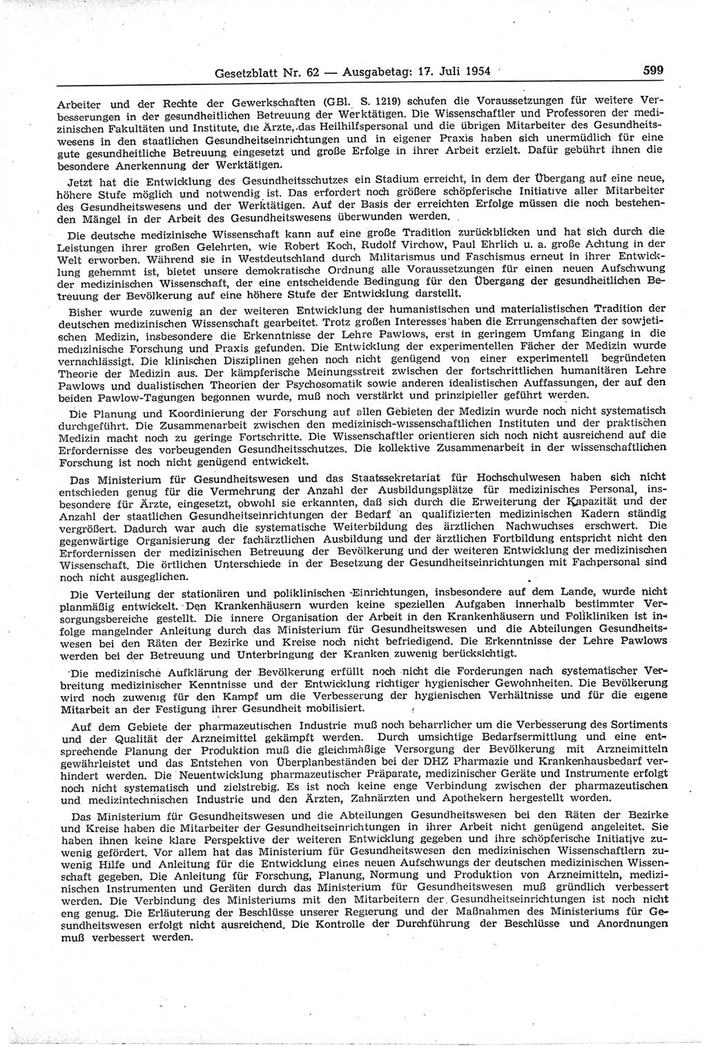 Gesetzblatt (GBl.) der Deutschen Demokratischen Republik (DDR) 1954, Seite 599 (GBl. DDR 1954, S. 599)