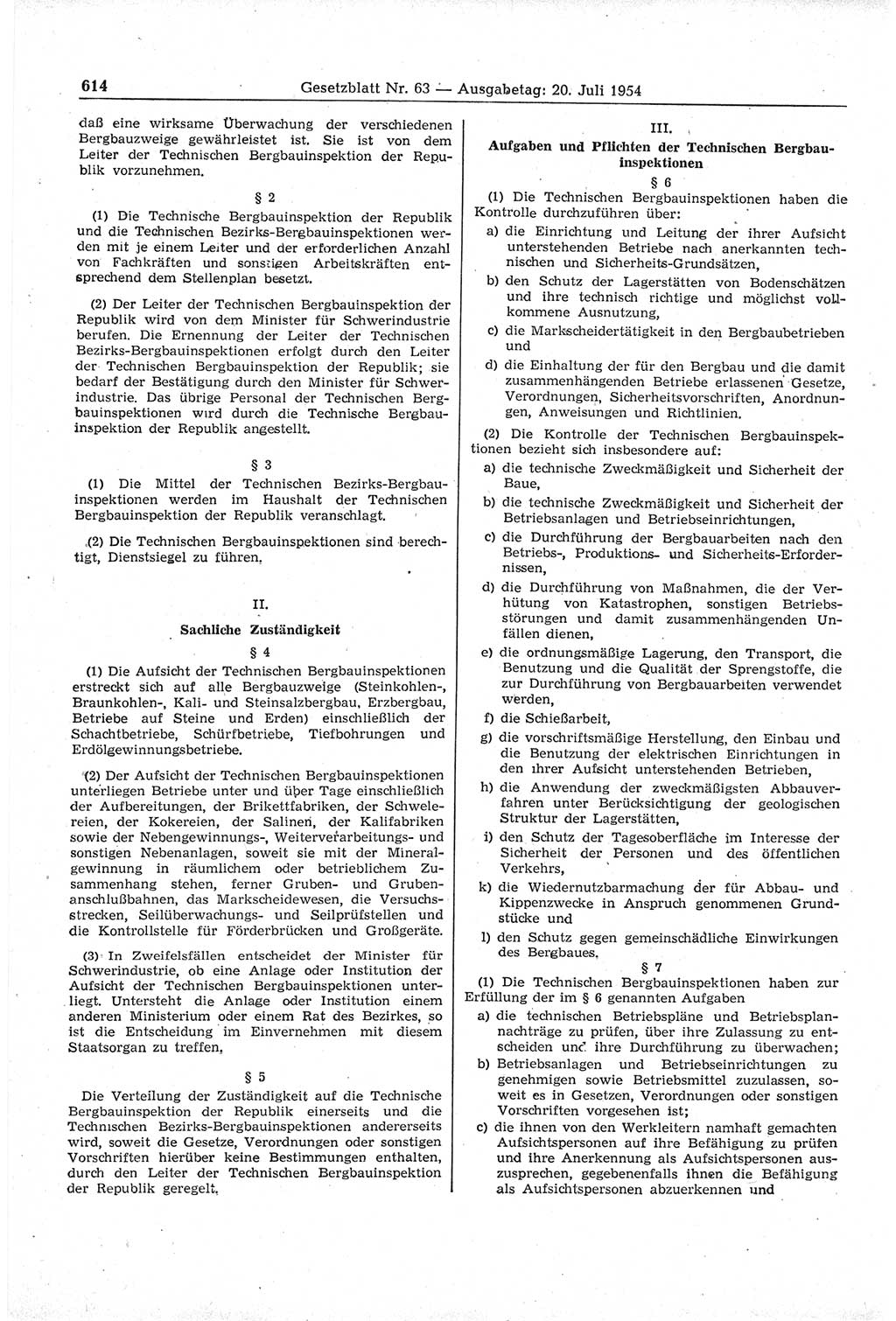 Gesetzblatt (GBl.) der Deutschen Demokratischen Republik (DDR) 1954, Seite 614 (GBl. DDR 1954, S. 614)