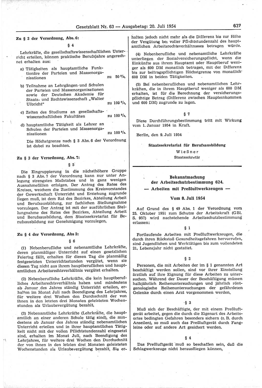 Gesetzblatt (GBl.) der Deutschen Demokratischen Republik (DDR) 1954, Seite 627 (GBl. DDR 1954, S. 627)