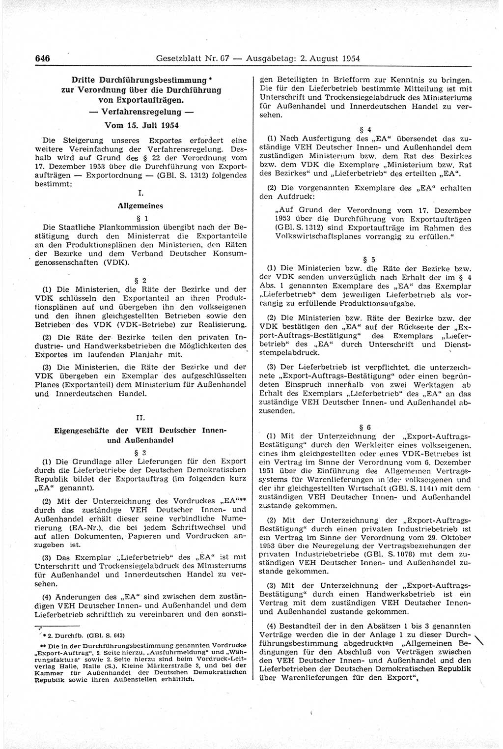Gesetzblatt (GBl.) der Deutschen Demokratischen Republik (DDR) 1954, Seite 646 (GBl. DDR 1954, S. 646)