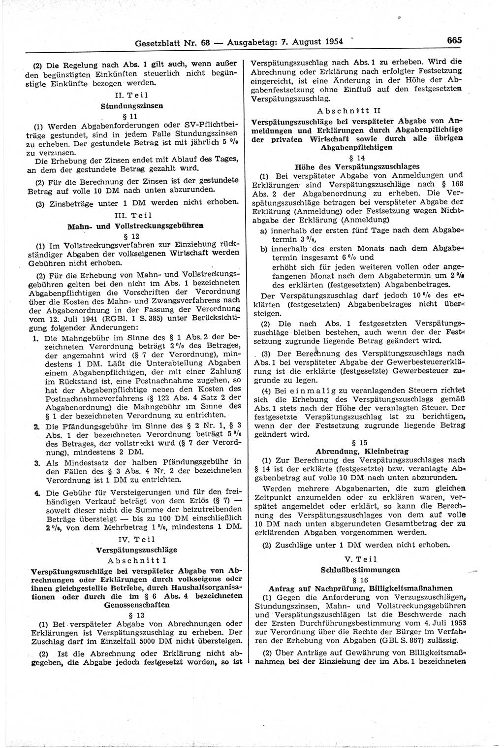 Gesetzblatt (GBl.) der Deutschen Demokratischen Republik (DDR) 1954, Seite 665 (GBl. DDR 1954, S. 665)