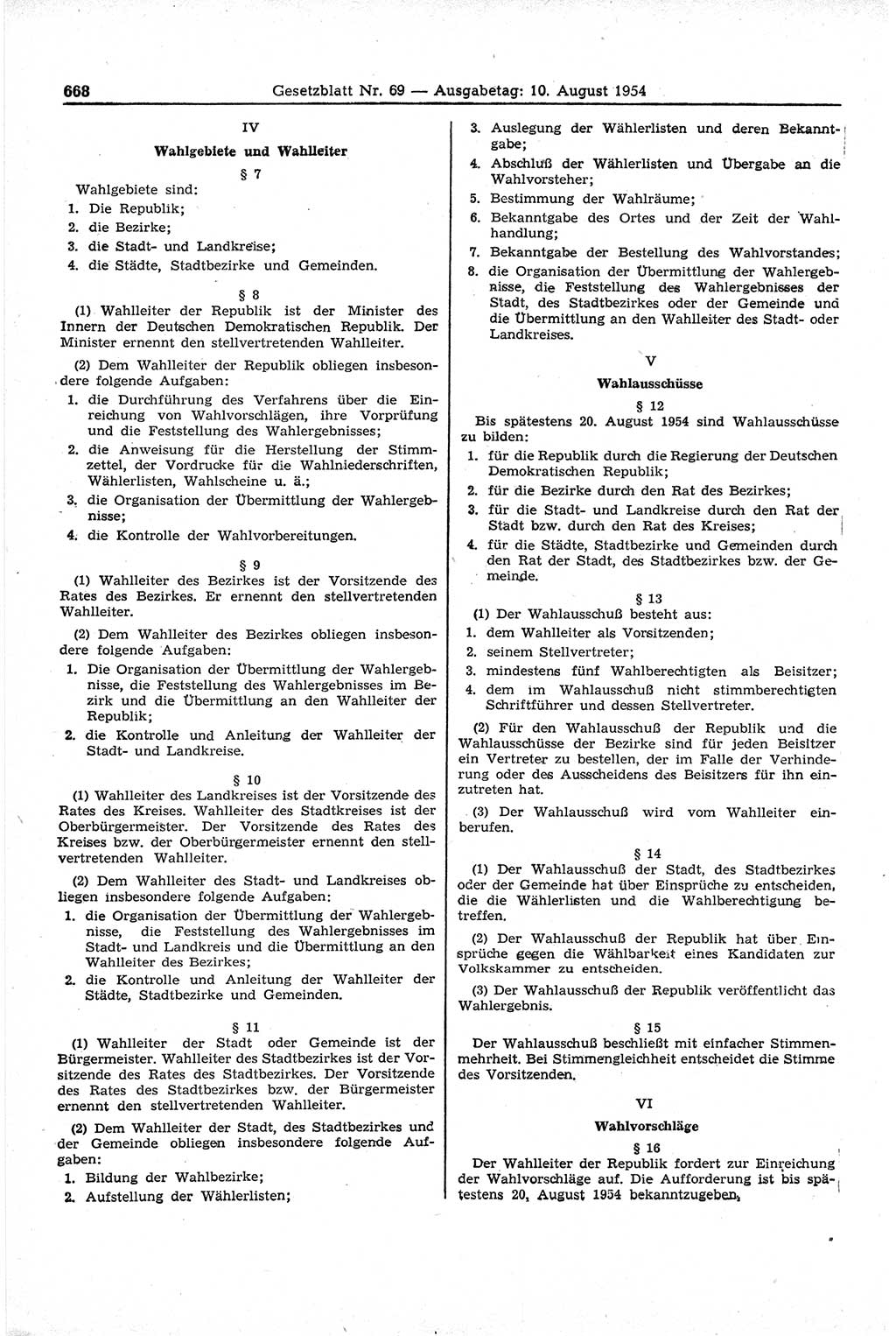 Gesetzblatt (GBl.) der Deutschen Demokratischen Republik (DDR) 1954, Seite 668 (GBl. DDR 1954, S. 668)