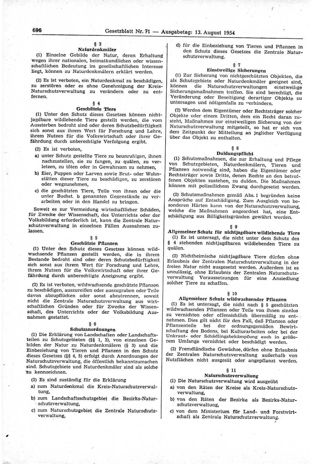 Gesetzblatt (GBl.) der Deutschen Demokratischen Republik (DDR) 1954, Seite 696 (GBl. DDR 1954, S. 696)