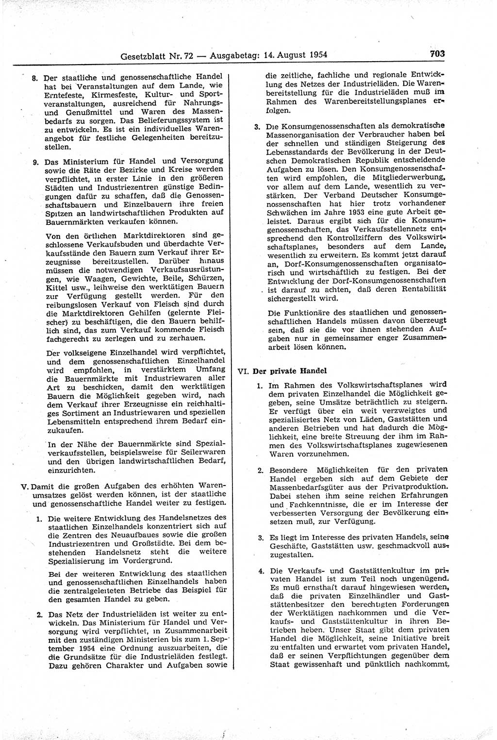 Gesetzblatt (GBl.) der Deutschen Demokratischen Republik (DDR) 1954, Seite 703 (GBl. DDR 1954, S. 703)