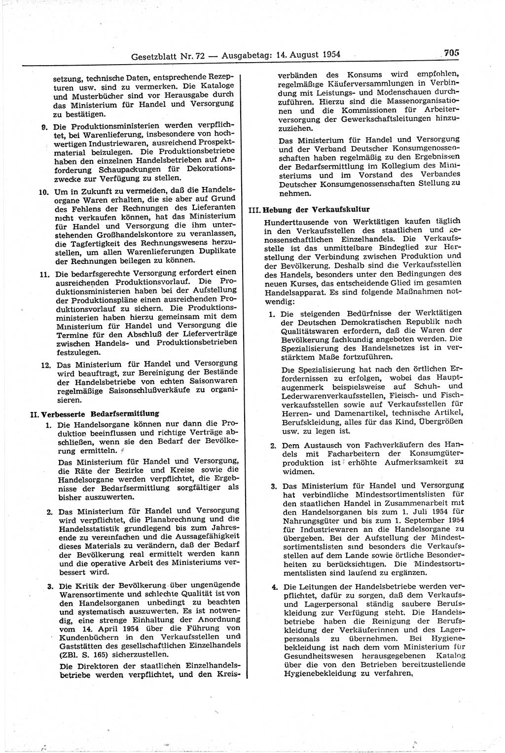Gesetzblatt (GBl.) der Deutschen Demokratischen Republik (DDR) 1954, Seite 705 (GBl. DDR 1954, S. 705)
