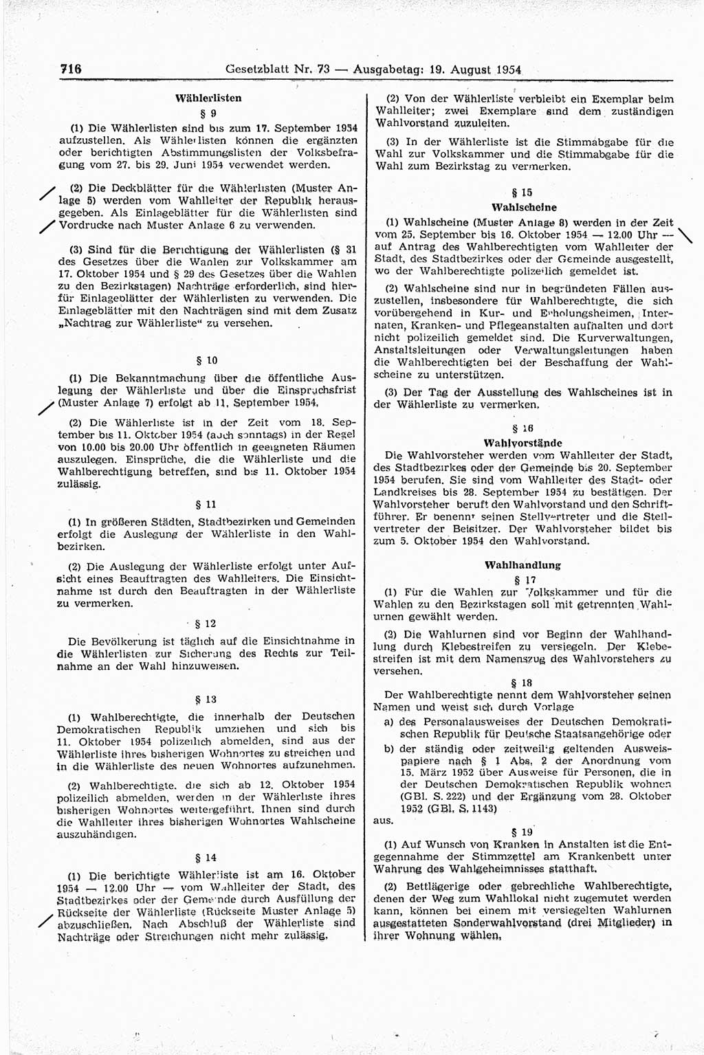 Gesetzblatt (GBl.) der Deutschen Demokratischen Republik (DDR) 1954, Seite 716 (GBl. DDR 1954, S. 716)