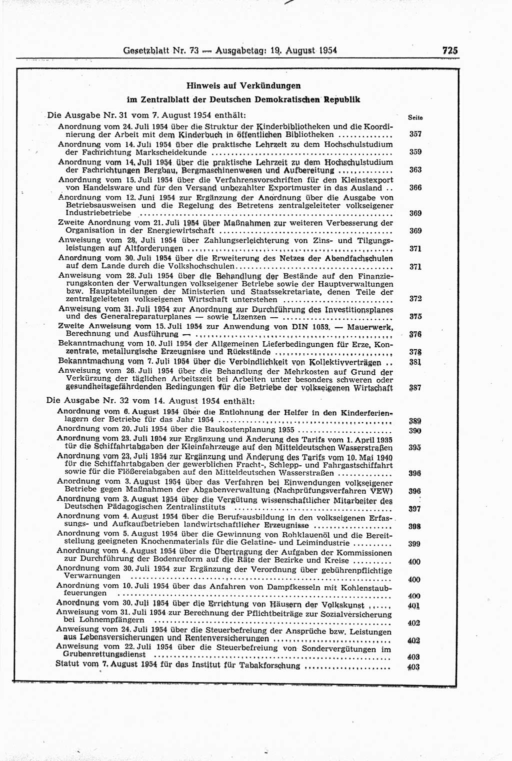 Gesetzblatt (GBl.) der Deutschen Demokratischen Republik (DDR) 1954, Seite 725 (GBl. DDR 1954, S. 725)