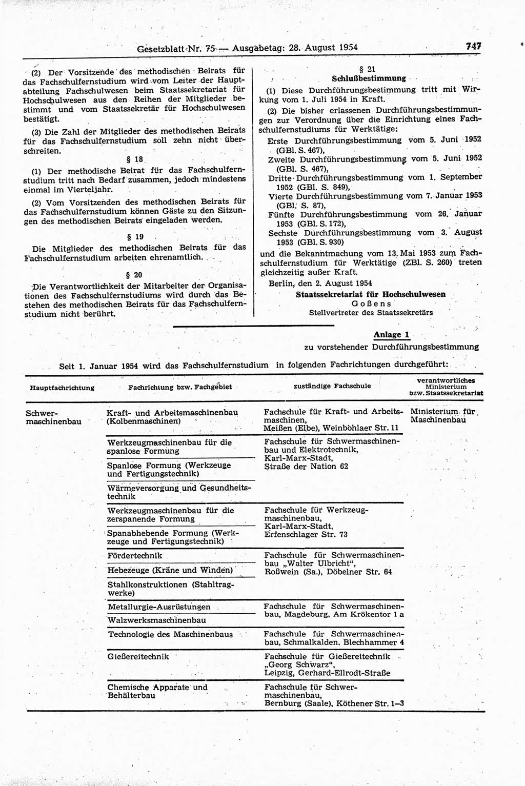 Gesetzblatt (GBl.) der Deutschen Demokratischen Republik (DDR) 1954, Seite 747 (GBl. DDR 1954, S. 747)