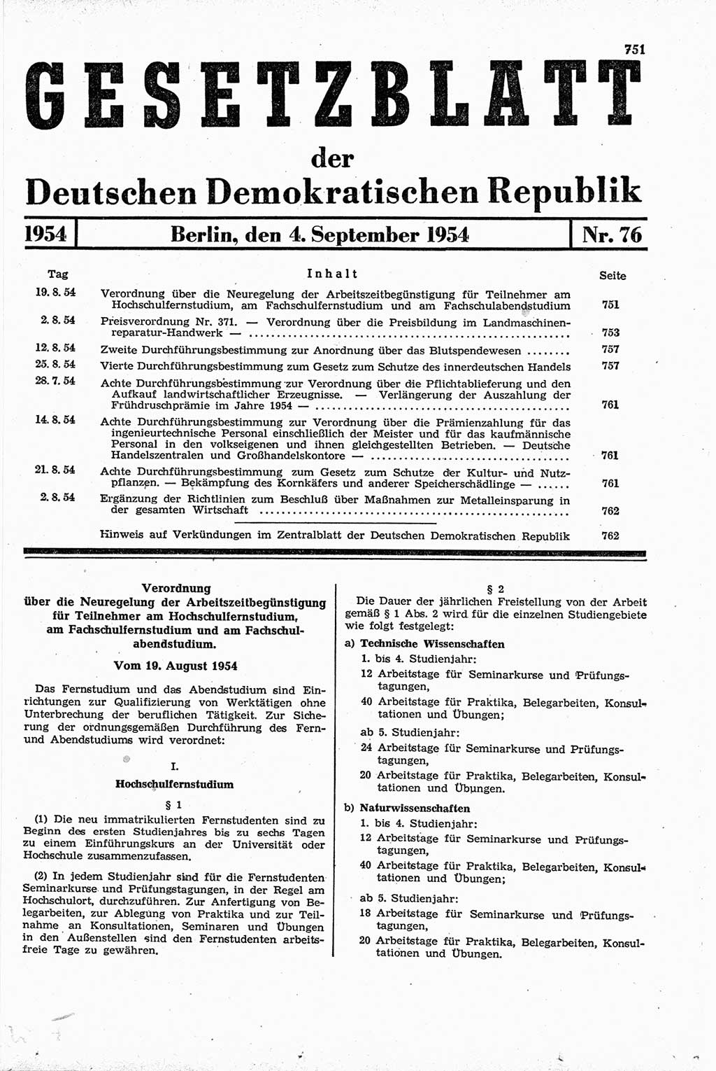 Gesetzblatt (GBl.) der Deutschen Demokratischen Republik (DDR) 1954, Seite 751 (GBl. DDR 1954, S. 751)