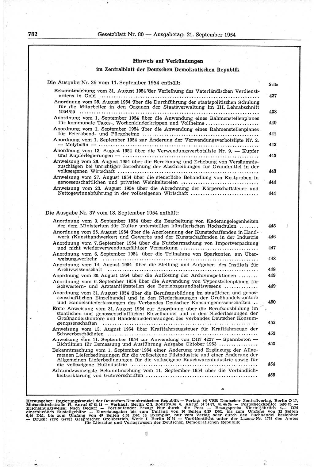 Gesetzblatt (GBl.) der Deutschen Demokratischen Republik (DDR) 1954, Seite 782 (GBl. DDR 1954, S. 782)