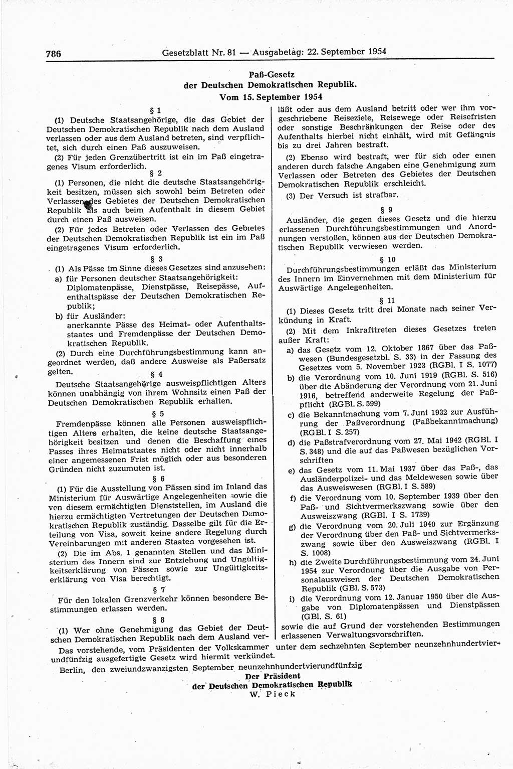 Gesetzblatt (GBl.) der Deutschen Demokratischen Republik (DDR) 1954, Seite 786 (GBl. DDR 1954, S. 786)