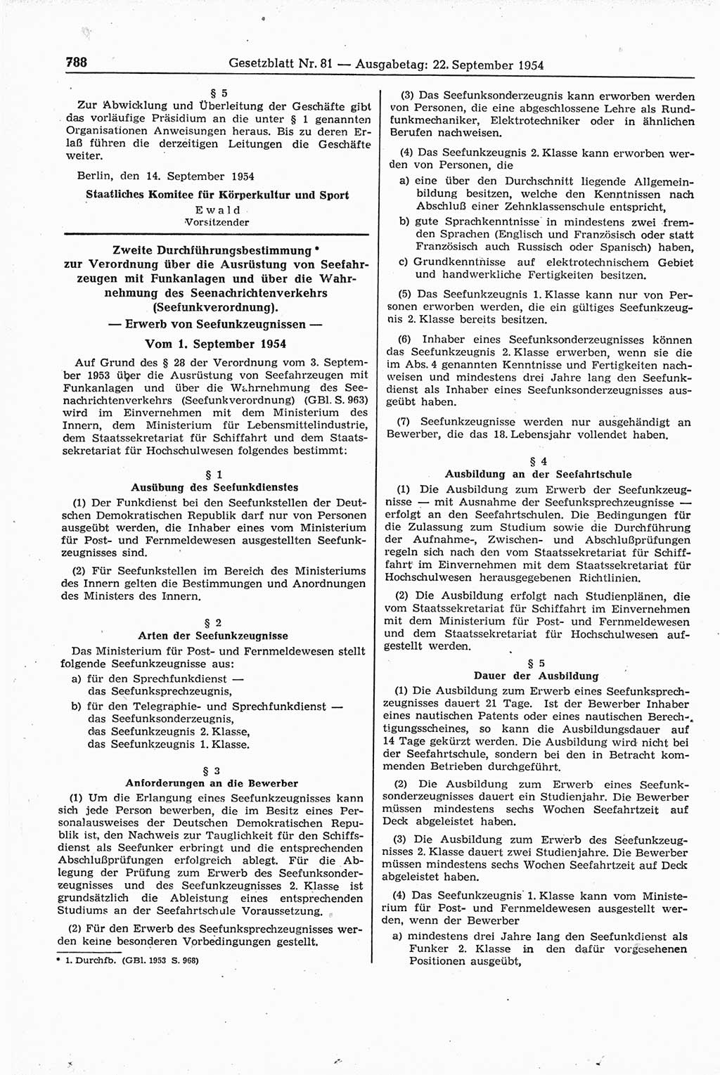 Gesetzblatt (GBl.) der Deutschen Demokratischen Republik (DDR) 1954, Seite 788 (GBl. DDR 1954, S. 788)