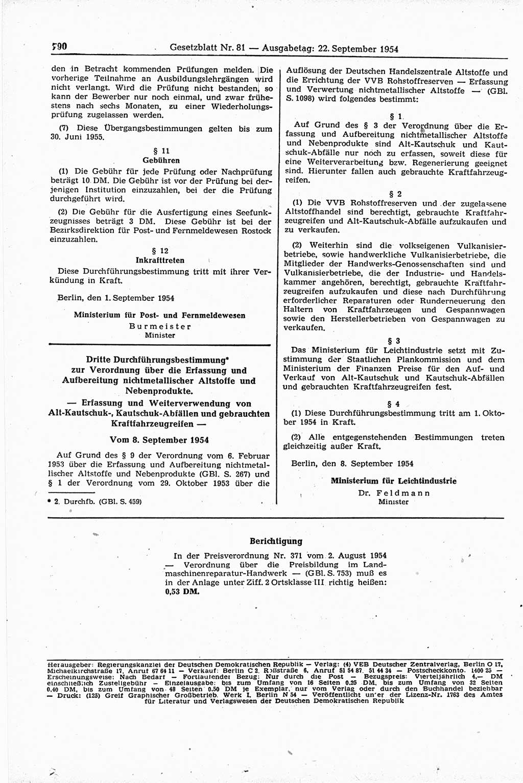 Gesetzblatt (GBl.) der Deutschen Demokratischen Republik (DDR) 1954, Seite 790 (GBl. DDR 1954, S. 790)