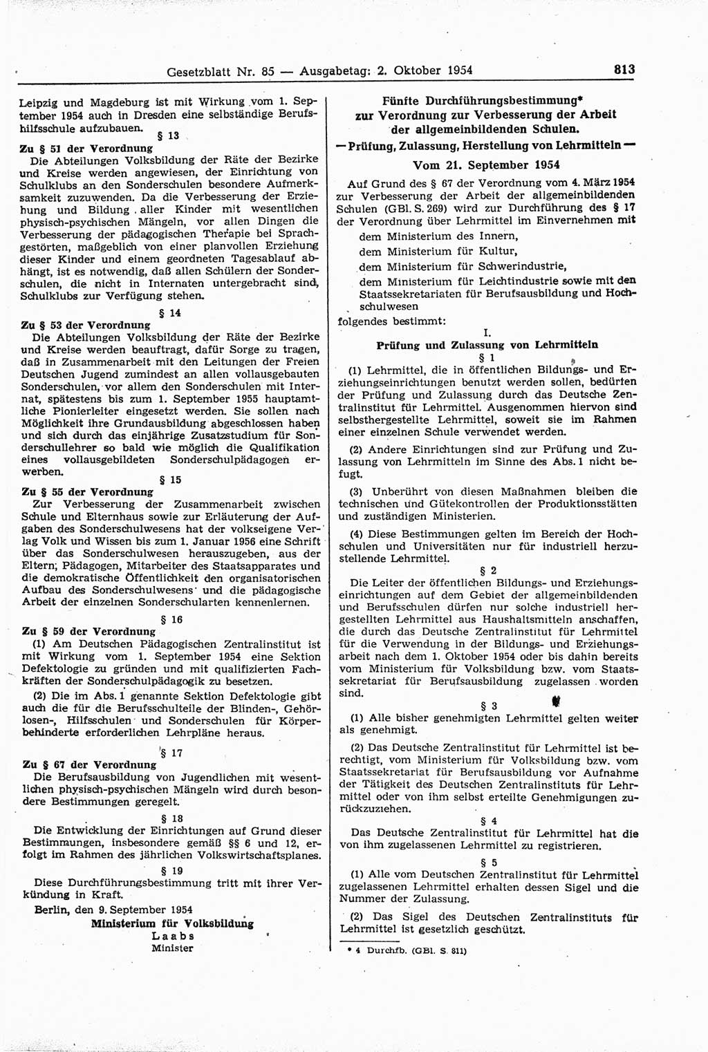 Gesetzblatt (GBl.) der Deutschen Demokratischen Republik (DDR) 1954, Seite 813 (GBl. DDR 1954, S. 813)