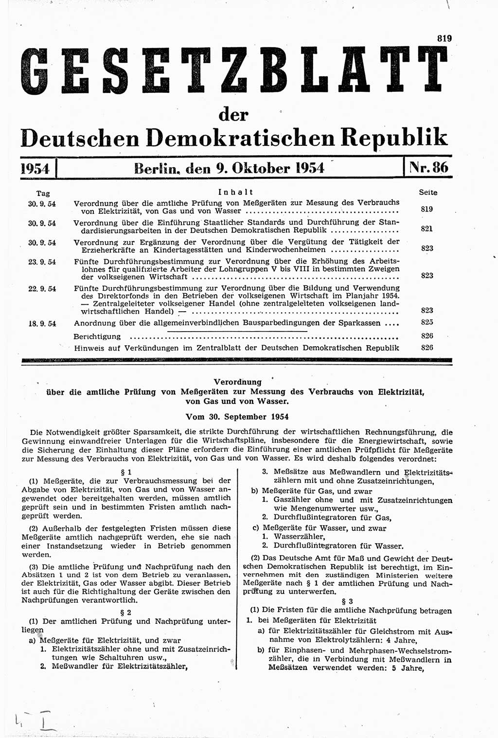 Gesetzblatt (GBl.) der Deutschen Demokratischen Republik (DDR) 1954, Seite 819 (GBl. DDR 1954, S. 819)