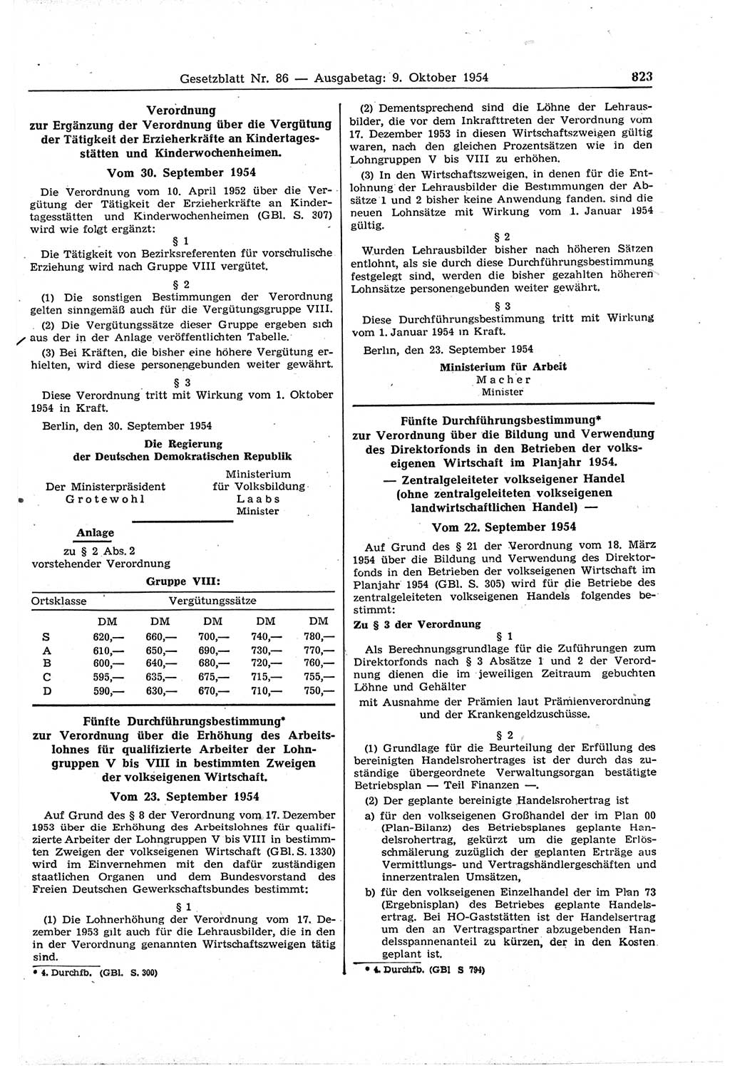 Gesetzblatt (GBl.) der Deutschen Demokratischen Republik (DDR) 1954, Seite 823 (GBl. DDR 1954, S. 823)