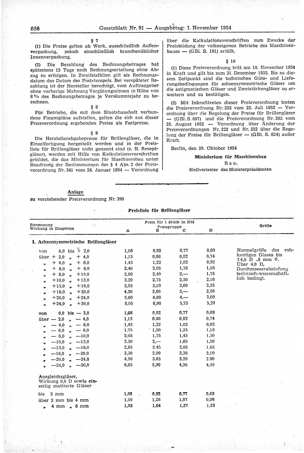 Gesetzblatt (GBl.) der Deutschen Demokratischen Republik (DDR) 1954, Seite 856 (GBl. DDR 1954, S. 856)