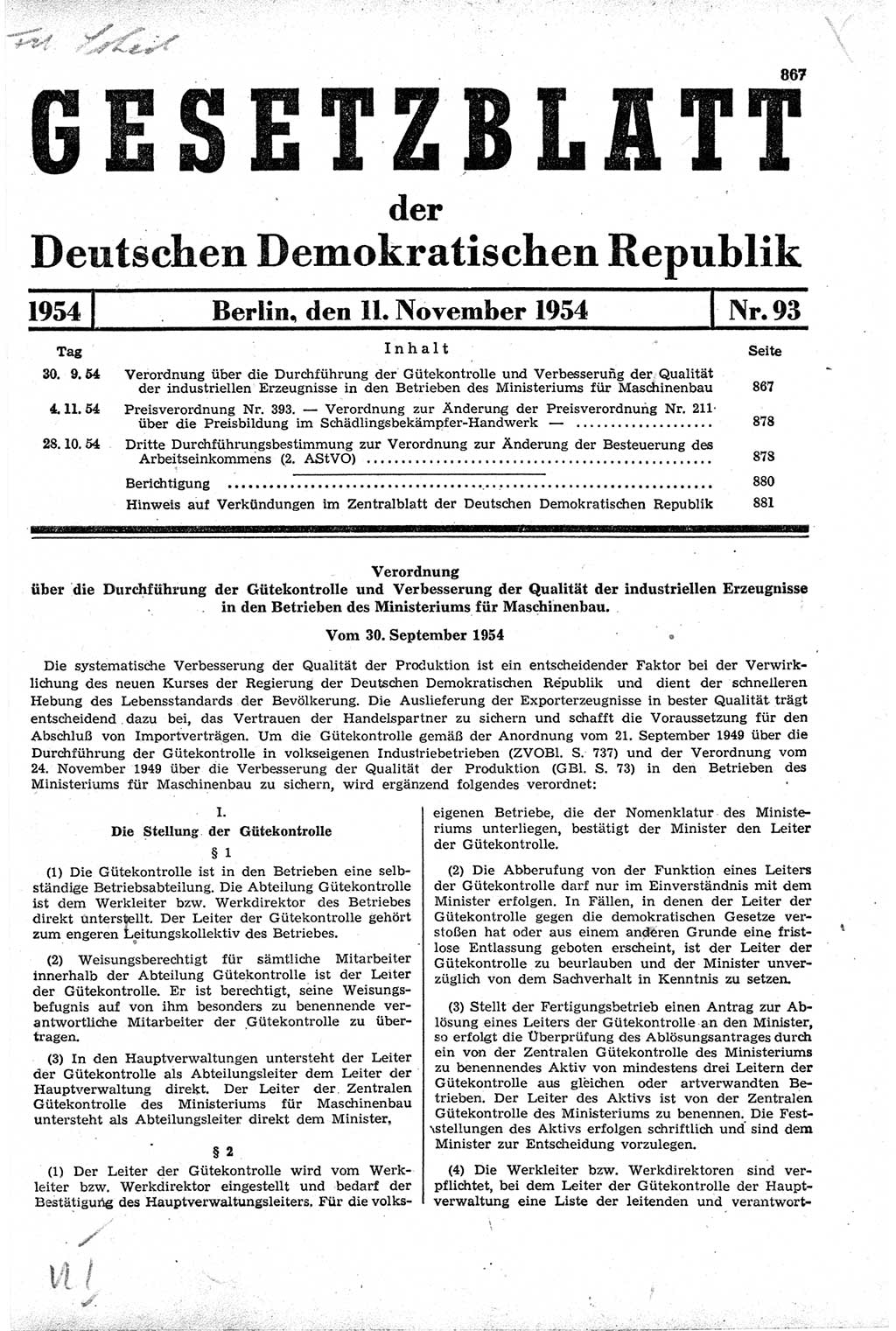 Gesetzblatt (GBl.) der Deutschen Demokratischen Republik (DDR) 1954, Seite 867 (GBl. DDR 1954, S. 867)