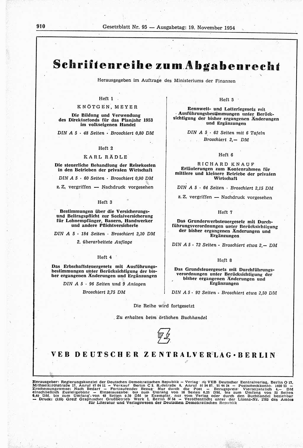 Gesetzblatt (GBl.) der Deutschen Demokratischen Republik (DDR) 1954, Seite 910 (GBl. DDR 1954, S. 910)