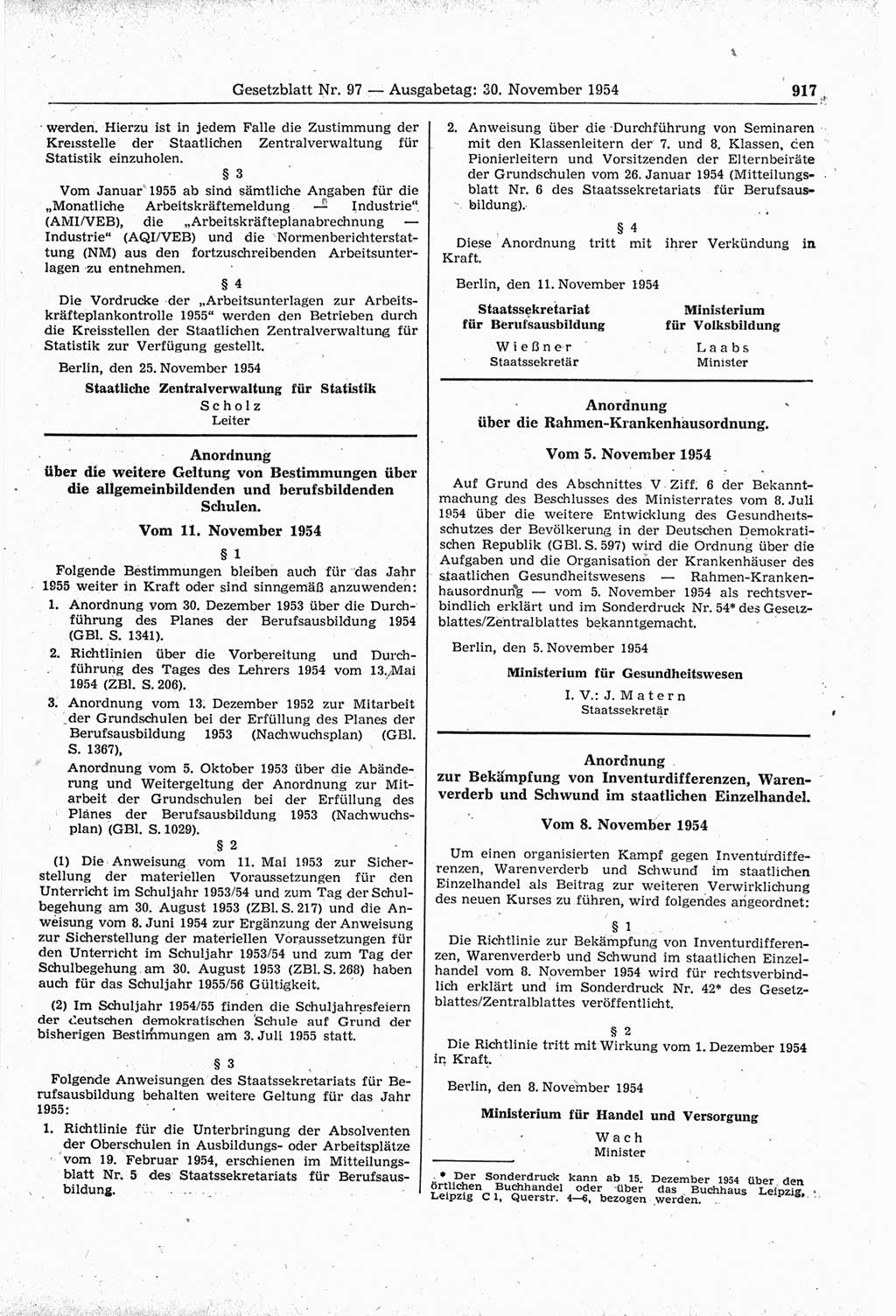 Gesetzblatt (GBl.) der Deutschen Demokratischen Republik (DDR) 1954, Seite 917 (GBl. DDR 1954, S. 917)
