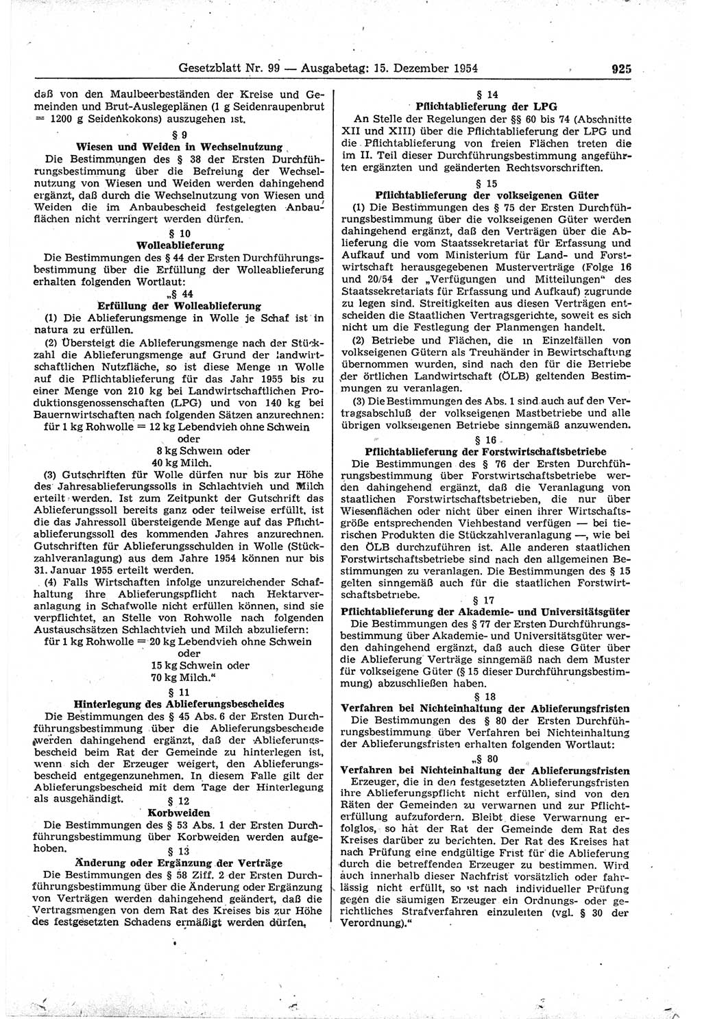 Gesetzblatt (GBl.) der Deutschen Demokratischen Republik (DDR) 1954, Seite 925 (GBl. DDR 1954, S. 925)