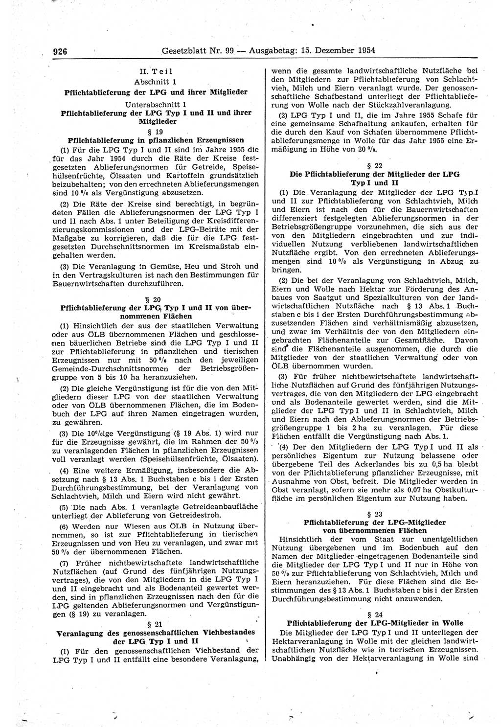 Gesetzblatt (GBl.) der Deutschen Demokratischen Republik (DDR) 1954, Seite 926 (GBl. DDR 1954, S. 926)