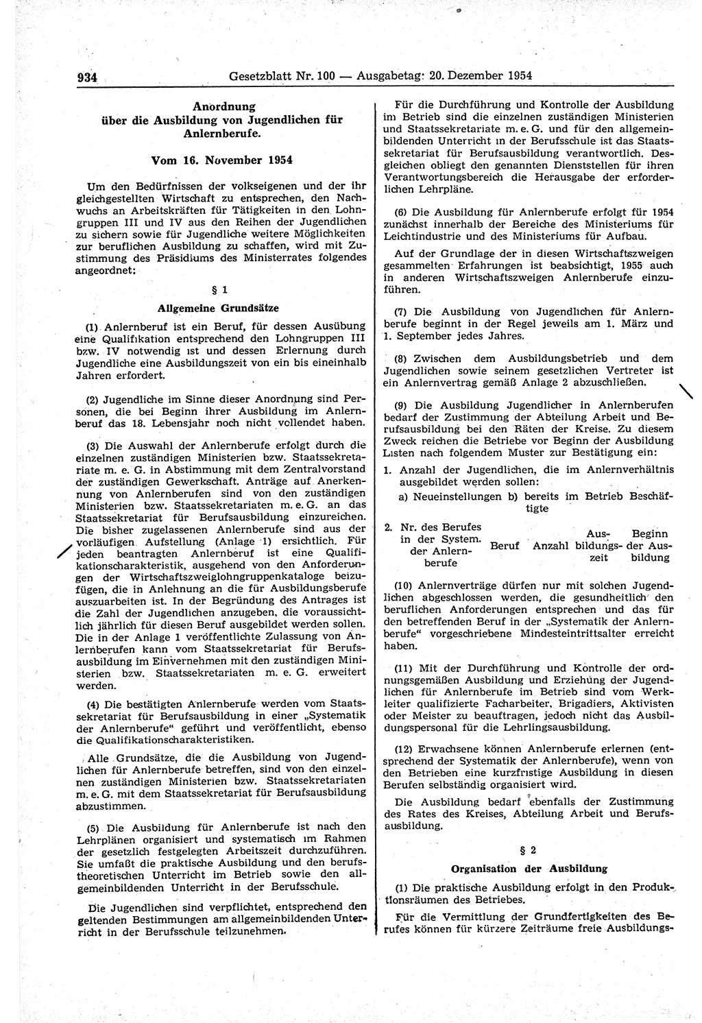 Gesetzblatt (GBl.) der Deutschen Demokratischen Republik (DDR) 1954, Seite 934 (GBl. DDR 1954, S. 934)