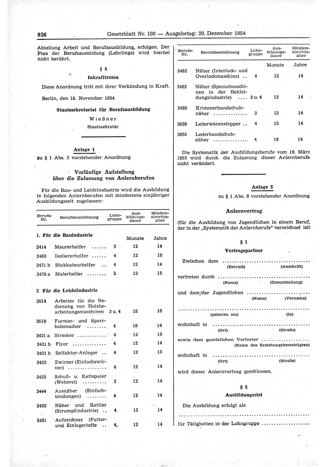 Gesetzblatt (GBl.) der Deutschen Demokratischen Republik (DDR) 1954, Seite 936 (GBl. DDR 1954, S. 936)