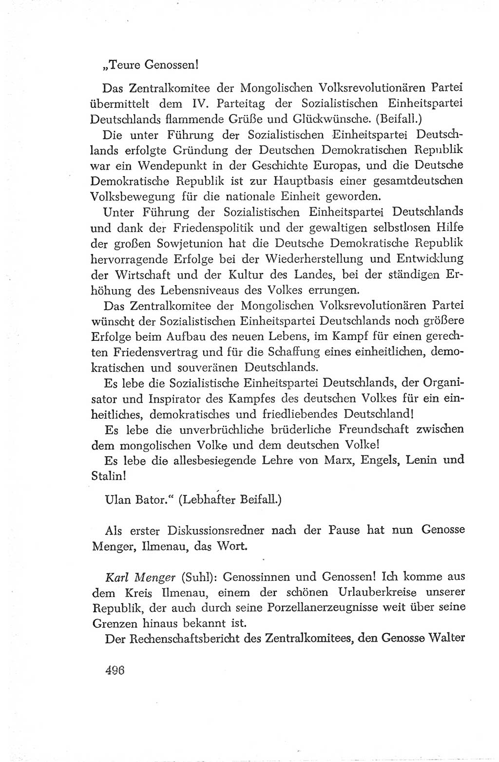 Protokoll der Verhandlungen des Ⅳ. Parteitages der Sozialistischen Einheitspartei Deutschlands (SED) [Deutsche Demokratische Republik (DDR)] 1954, Seite 496