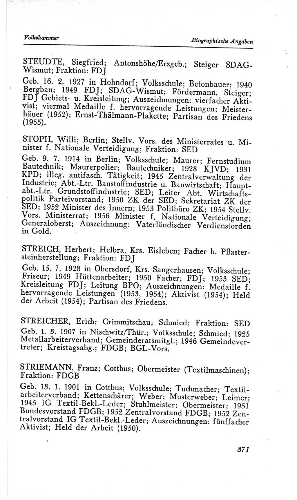 Handbuch der Volkskammer (VK) der Deutschen Demokratischen Republik (DDR), 2. Wahlperiode 1954-1958, Seite 371 (Hdb. VK. DDR, 2. WP. 1954-1958, S. 371)