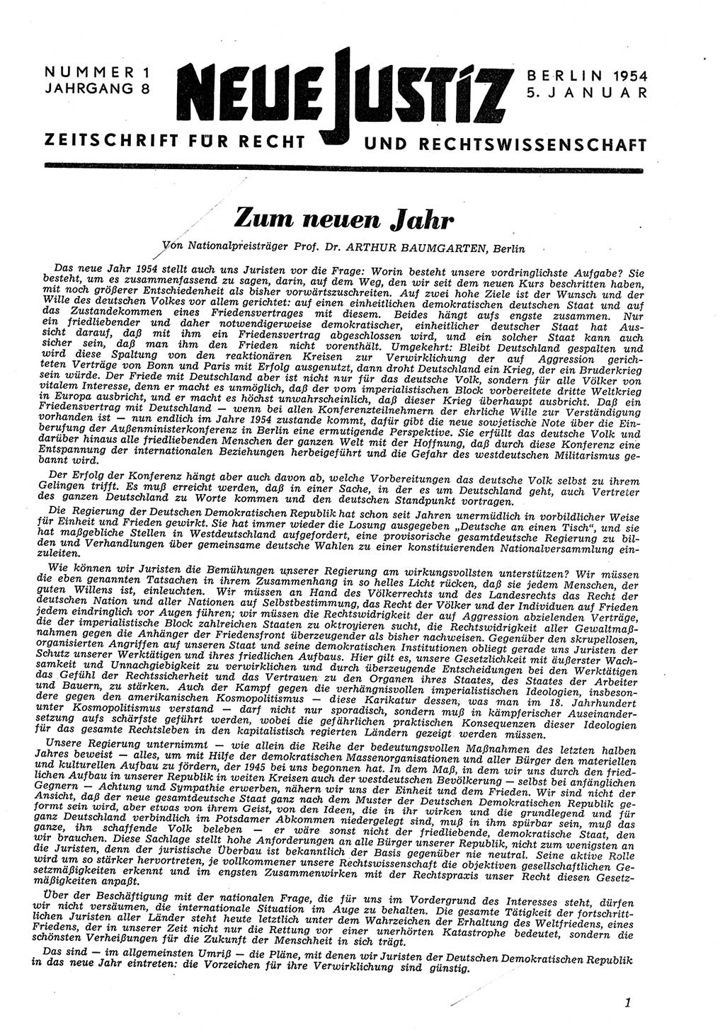 Neue Justiz (NJ), Zeitschrift für Recht und Rechtswissenschaft [Deutsche Demokratische Republik (DDR)], 8. Jahrgang 1954, Seite 1 (NJ DDR 1954, S. 1)