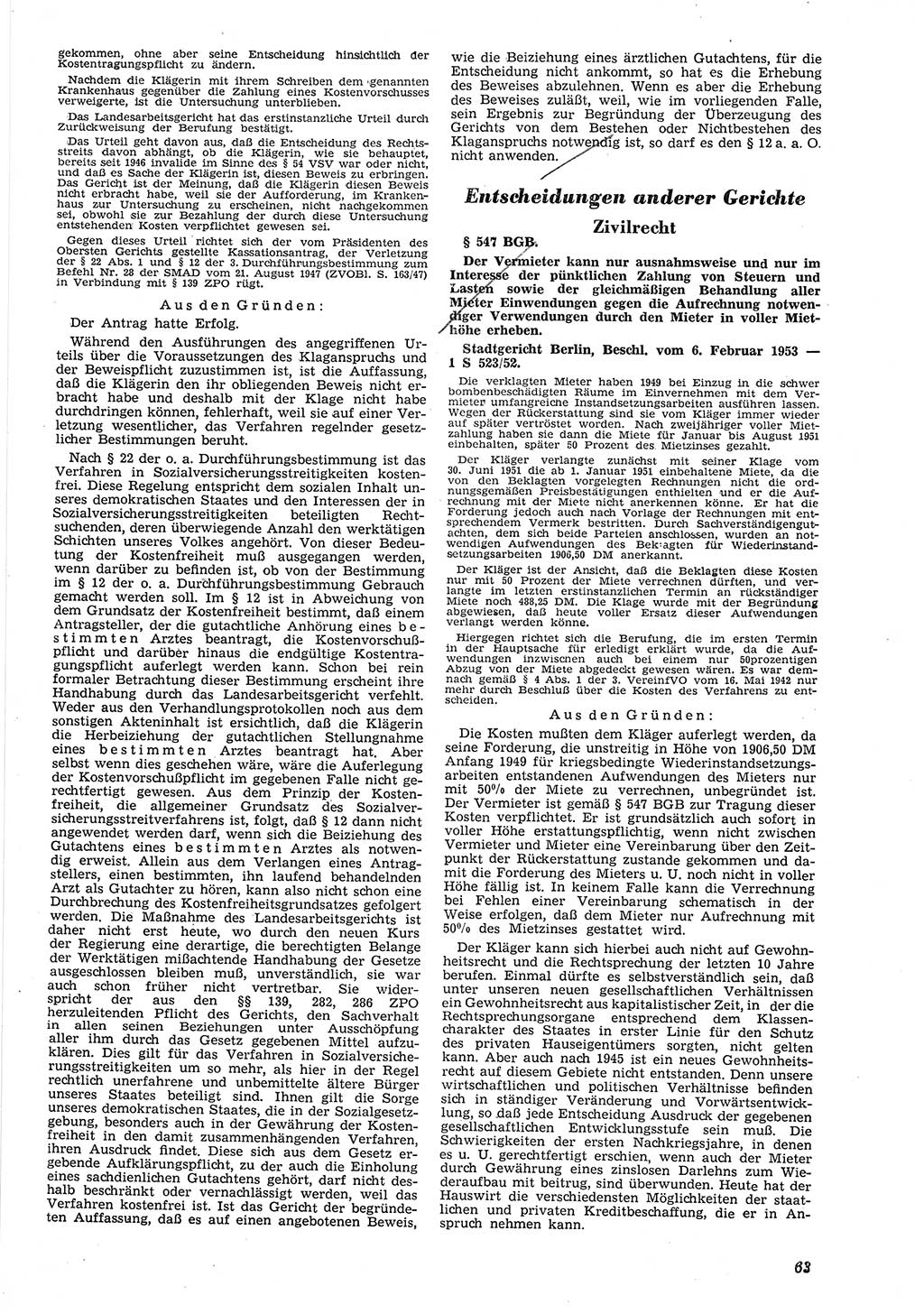 Neue Justiz (NJ), Zeitschrift für Recht und Rechtswissenschaft [Deutsche Demokratische Republik (DDR)], 8. Jahrgang 1954, Seite 63 (NJ DDR 1954, S. 63)