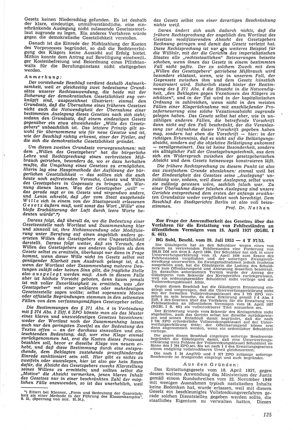 Neue Justiz (NJ), Zeitschrift für Recht und Rechtswissenschaft [Deutsche Demokratische Republik (DDR)], 8. Jahrgang 1954, Seite 125 (NJ DDR 1954, S. 125)