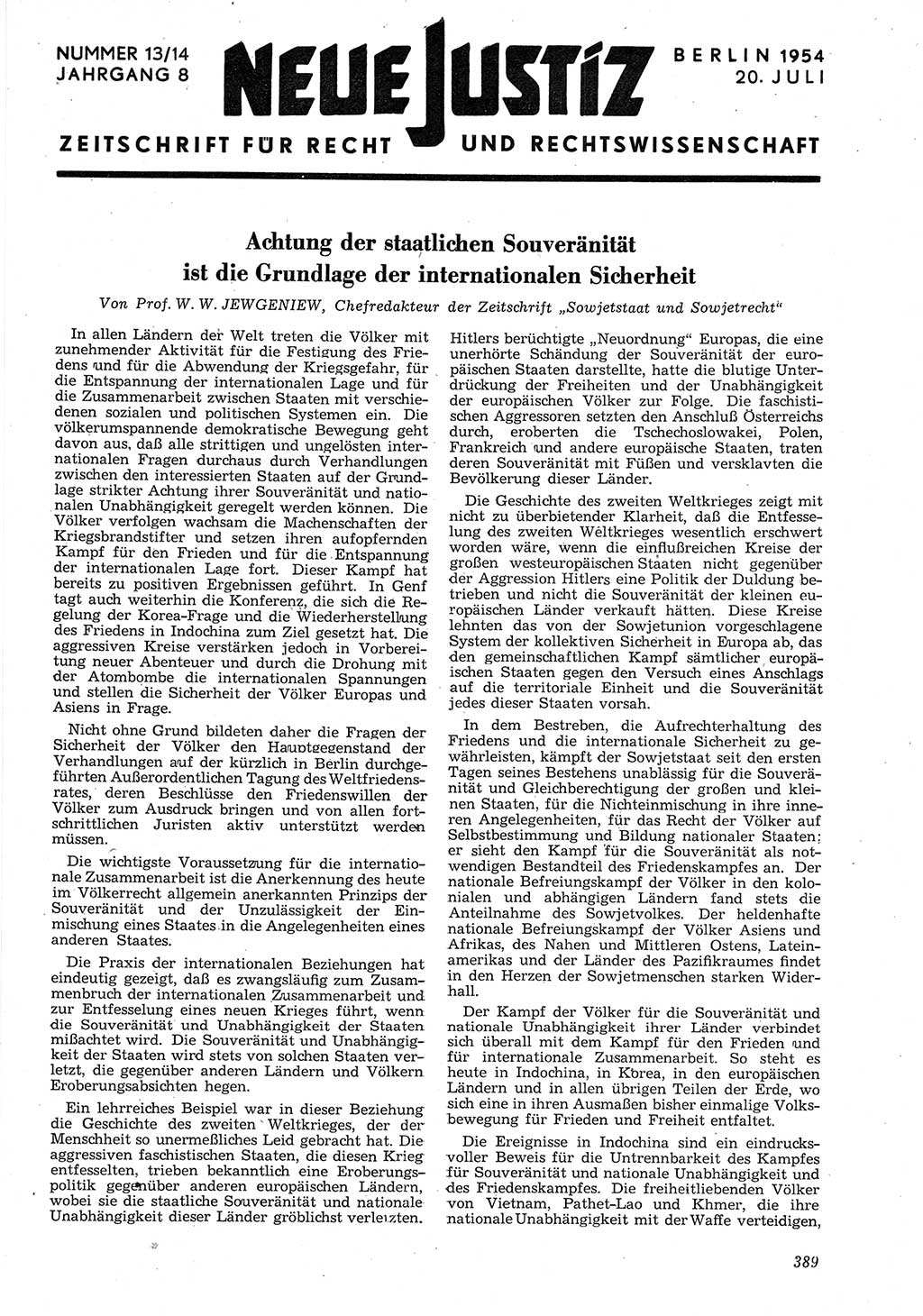 Neue Justiz (NJ), Zeitschrift für Recht und Rechtswissenschaft [Deutsche Demokratische Republik (DDR)], 8. Jahrgang 1954, Seite 389 (NJ DDR 1954, S. 389)