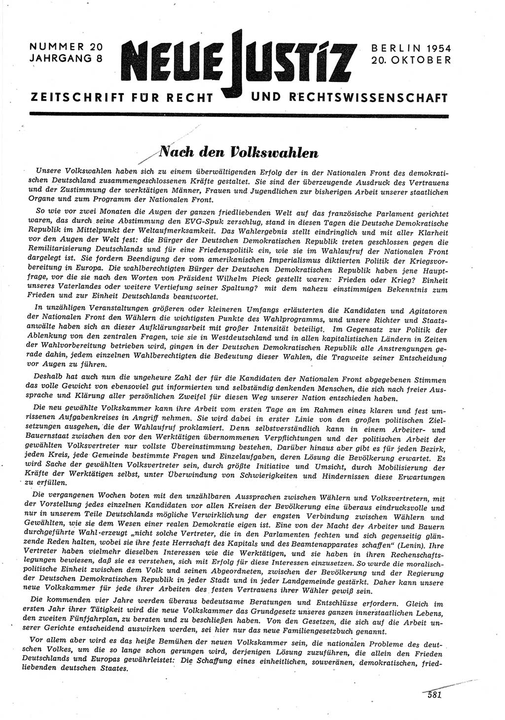 Neue Justiz (NJ), Zeitschrift für Recht und Rechtswissenschaft [Deutsche Demokratische Republik (DDR)], 8. Jahrgang 1954, Seite 581 (NJ DDR 1954, S. 581)