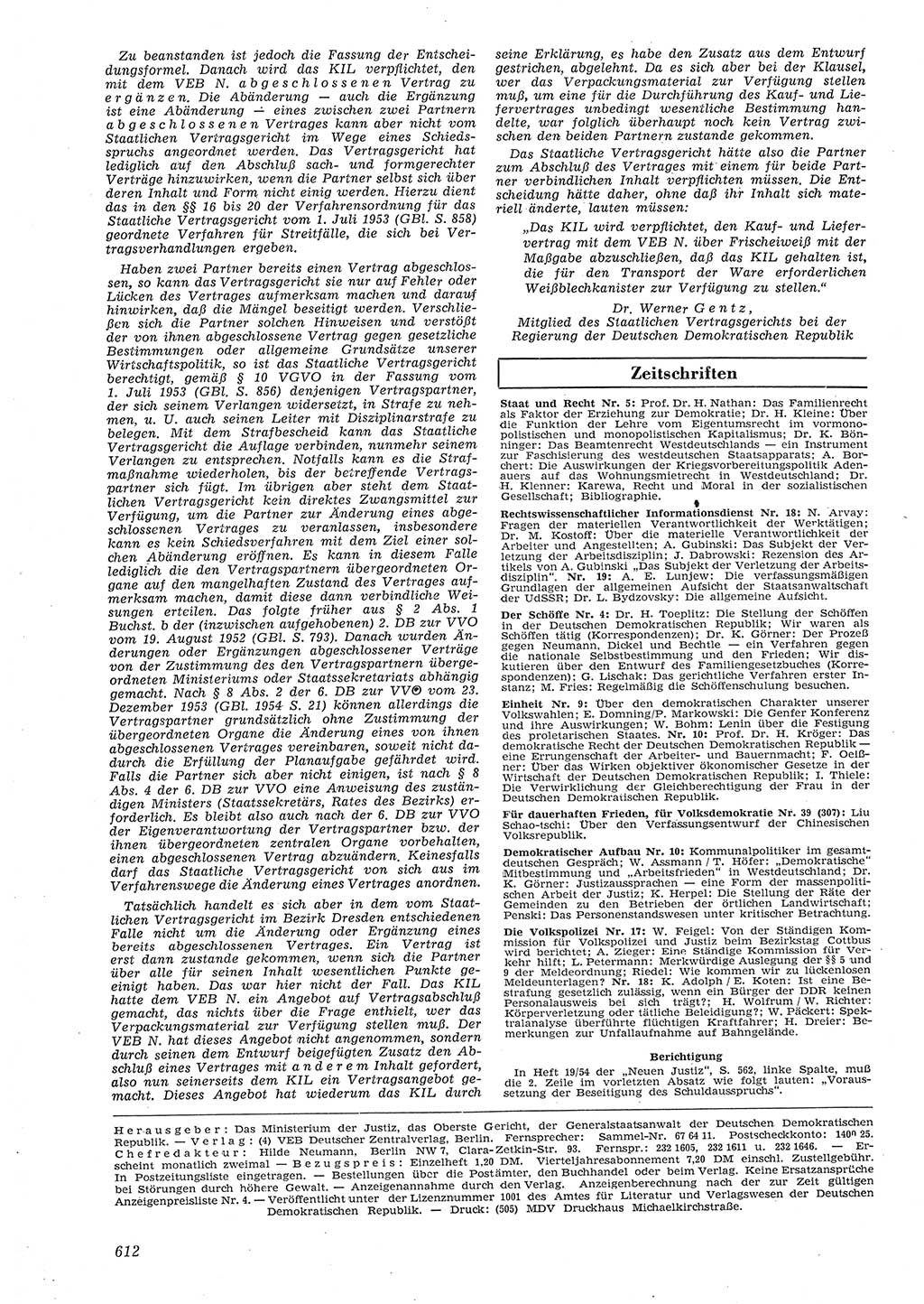 Neue Justiz (NJ), Zeitschrift für Recht und Rechtswissenschaft [Deutsche Demokratische Republik (DDR)], 8. Jahrgang 1954, Seite 612 (NJ DDR 1954, S. 612)