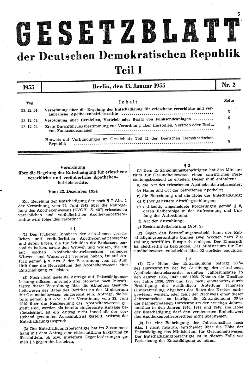 Gesetzblatt (GBl.) der Deutschen Demokratischen Republik (DDR) Teil Ⅰ 1955, Seite 5 (GBl. DDR Ⅰ 1955, S. 5)