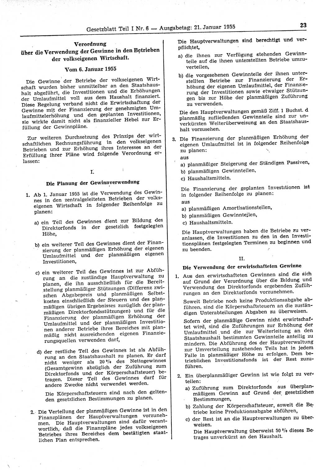 Gesetzblatt (GBl.) der Deutschen Demokratischen Republik (DDR) Teil Ⅰ 1955, Seite 23 (GBl. DDR Ⅰ 1955, S. 23)