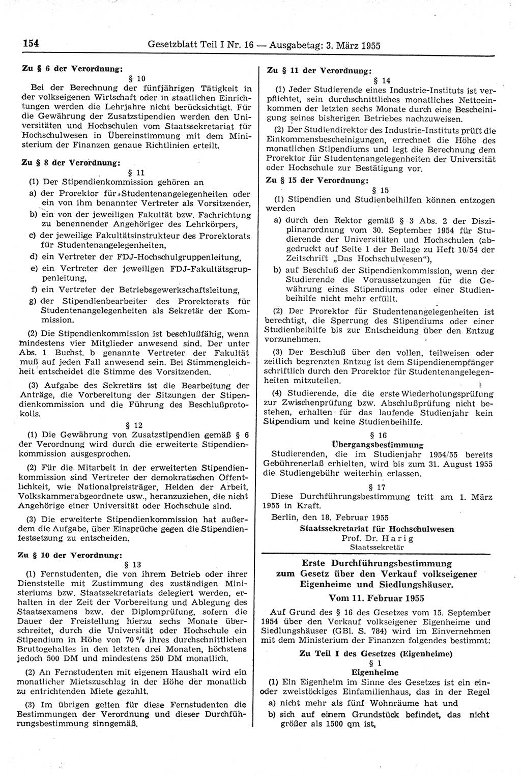 Gesetzblatt (GBl.) der Deutschen Demokratischen Republik (DDR) Teil Ⅰ 1955, Seite 154 (GBl. DDR Ⅰ 1955, S. 154)