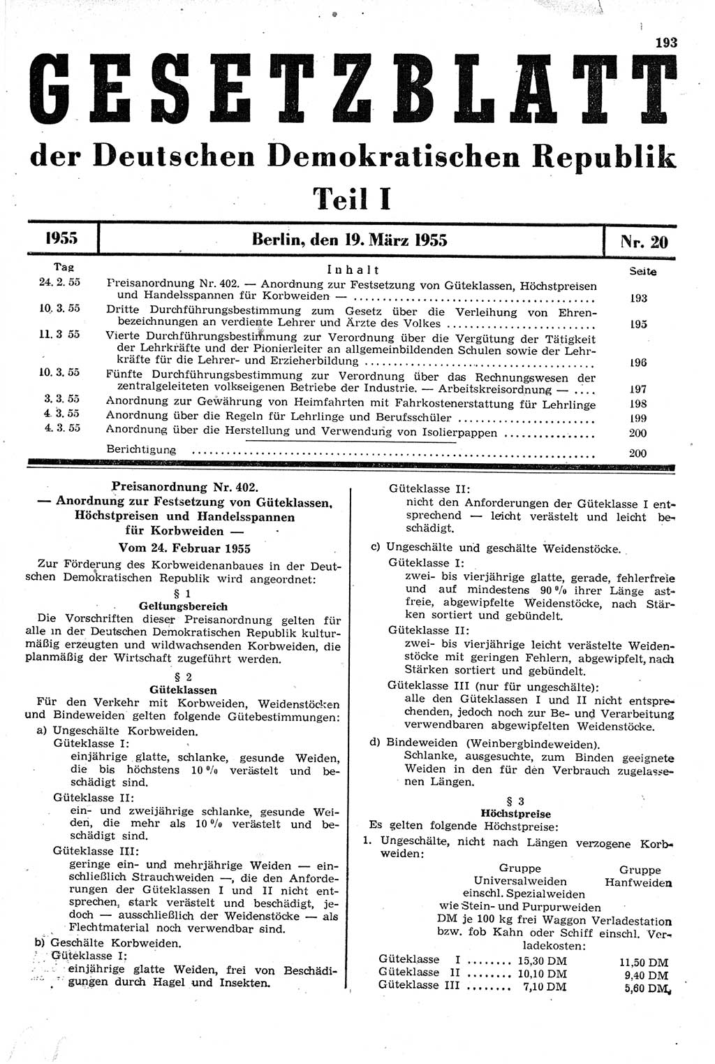 Gesetzblatt (GBl.) der Deutschen Demokratischen Republik (DDR) Teil Ⅰ 1955, Seite 193 (GBl. DDR Ⅰ 1955, S. 193)