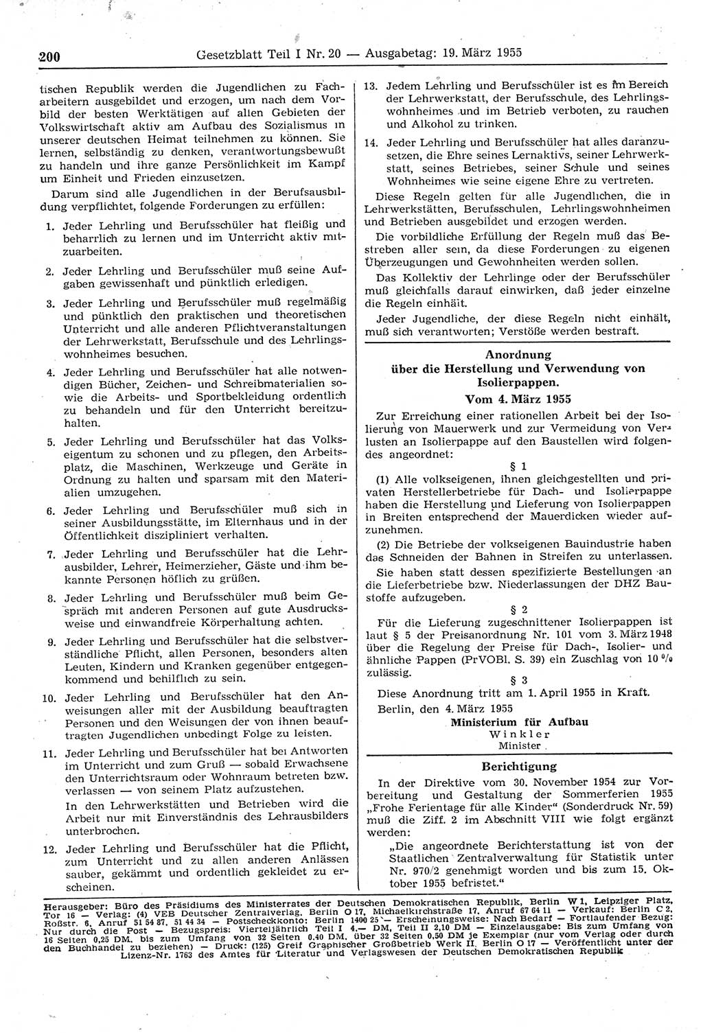 Gesetzblatt (GBl.) der Deutschen Demokratischen Republik (DDR) Teil Ⅰ 1955, Seite 200 (GBl. DDR Ⅰ 1955, S. 200)