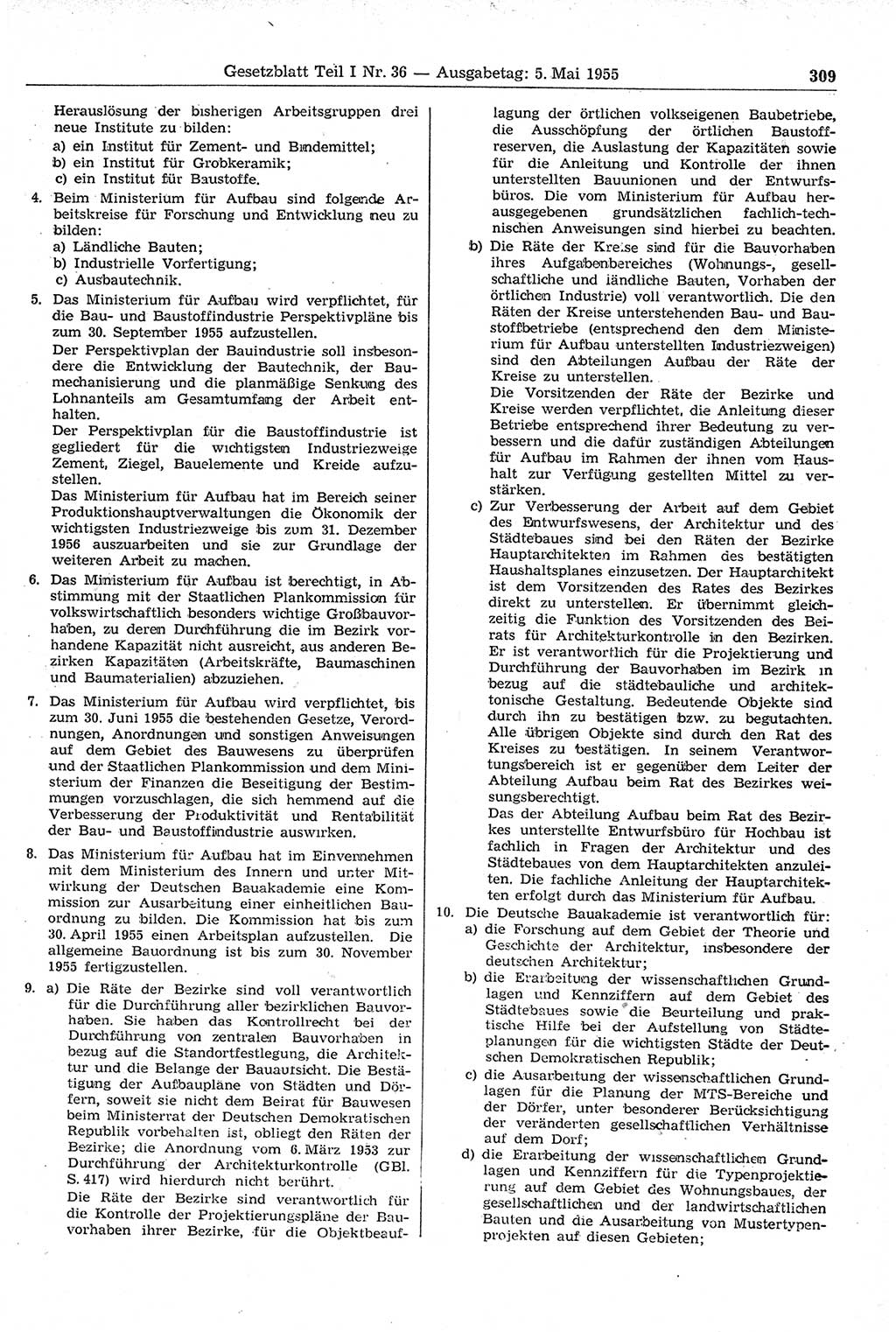 Gesetzblatt (GBl.) der Deutschen Demokratischen Republik (DDR) Teil Ⅰ 1955, Seite 309 (GBl. DDR Ⅰ 1955, S. 309)