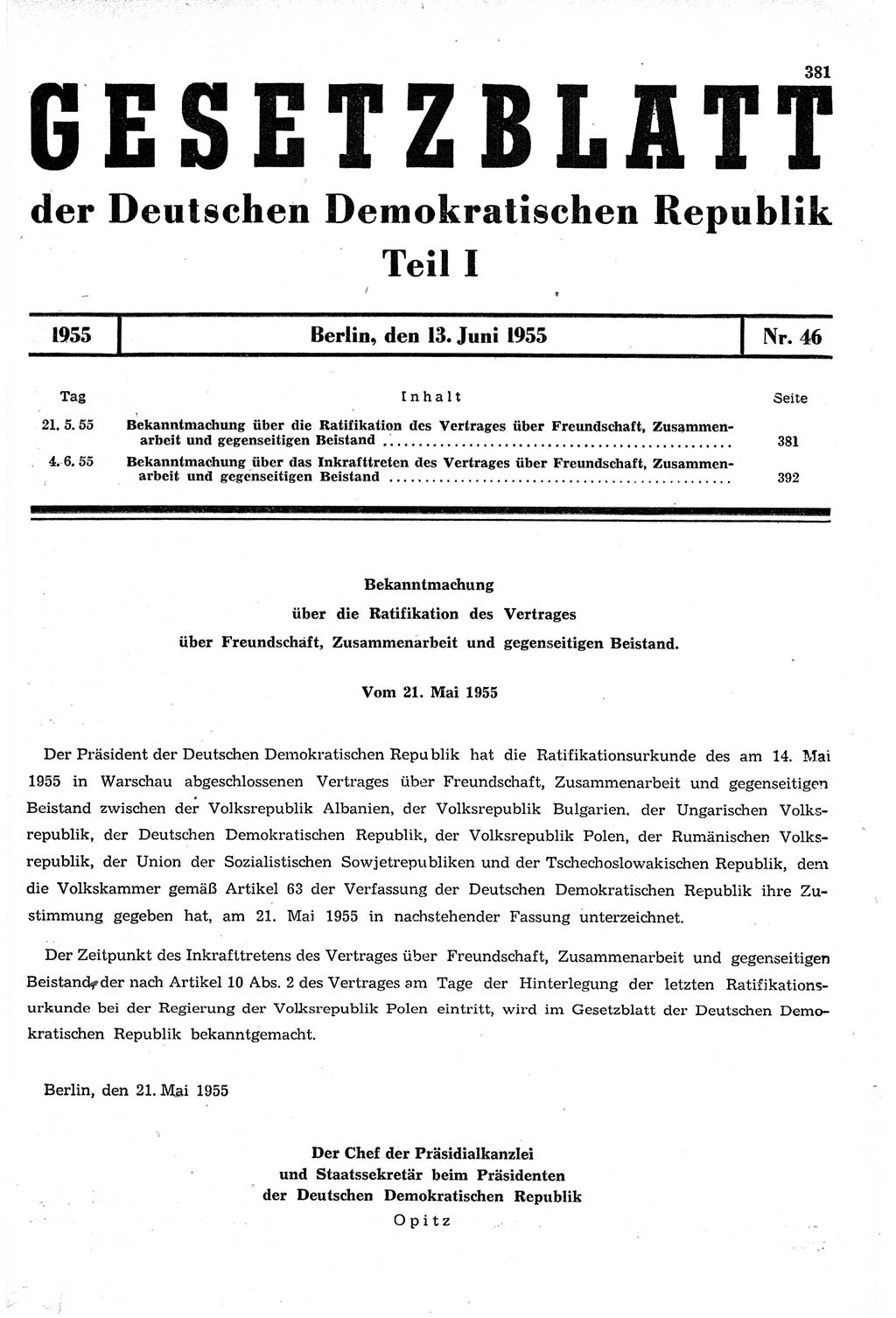 Gesetzblatt (GBl.) der Deutschen Demokratischen Republik (DDR) Teil Ⅰ 1955, Seite 381 (GBl. DDR Ⅰ 1955, S. 381)