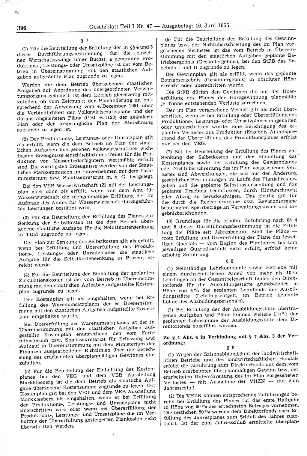 Gesetzblatt (GBl.) der Deutschen Demokratischen Republik (DDR) Teil Ⅰ 1955, Seite 396 (GBl. DDR Ⅰ 1955, S. 396)