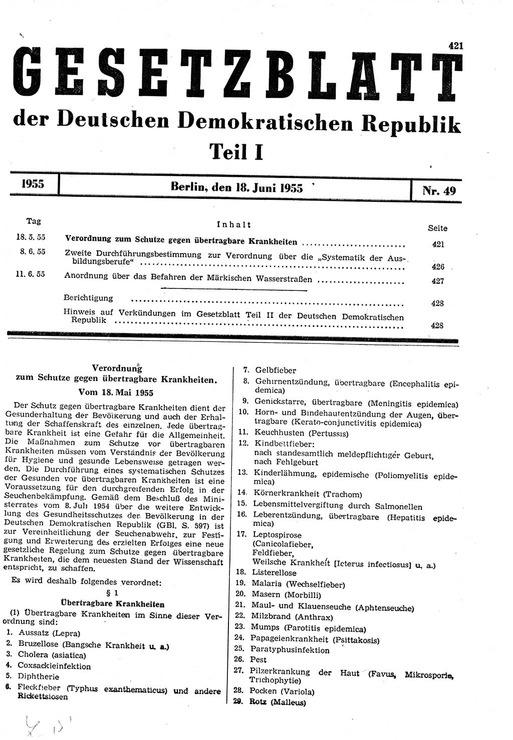 Gesetzblatt (GBl.) der Deutschen Demokratischen Republik (DDR) Teil Ⅰ 1955, Seite 421 (GBl. DDR Ⅰ 1955, S. 421)